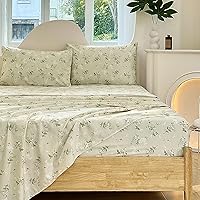 HYPREST Cotton Queen Sheet Set - Deep Pocket Queen Sheets Up to 18 inch， 600 Thread Count Cream Yellow Printed Floral Sheets Soft Breathable Shabby Chic Cute Sheets