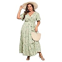 KOJOOIN Women Plus Size V Neck Wrap Maxi Dress Short Sleeves High Waist Ruffle Summer Casual Dress with Belt