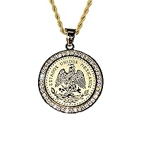 Men Women 925 Italy 14k Gold Finish Iced Round Mexican Coin Centenario Mexicano Moneda Estados Unidos Mexicanos pendant Ice Out Pendant Stainless Steel Real 2.5 mm Rope Chain Necklace, Men's Jewelry, Iced united Mexican States Pesos Coin Pendant, Chain Pendant Rope Necklace