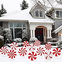 12 Pieces Christmas Peppermint Xmas Yard Stakes Hanging Ornaments - Outdoor Holiday and Christmas Hanging Porch & Tree Yard Decorations - Double Printed