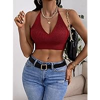 Women's Knitted Tops -Shrugs Solid Crop Tie Back Knit Halter Top Knitted Tops (Color : Burgundy, Size : X-Small)