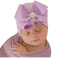 Newborn Hospital Hat Purple - 2 ply Hospital Fabric Infant Baby Hat Cap with Cute Bella Bow and Rhinestone