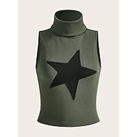 Women's Tops Women's Shirts Sexy Tops for Women Star Patched Turtleneck Crop Tank Top (Color : Army Green, Size : Small)