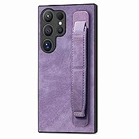 Designed for Samsung Galaxy S24 Ultra Leather Case with Stand & Strap, Wrist Strap Leather Back Cover Case Hard PC Shockproof Finger Grip Case for Galaxy S24 Ultra Men Women Girls, Purple