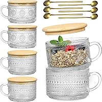 6 Pack 14oz Vintage Glass Coffee Mugs with Bamboo Lids and Spoons, Green Embossed Drinking Glasses for Iced Coffee, Tea, Latte - Cute Coffee Bar Accessories