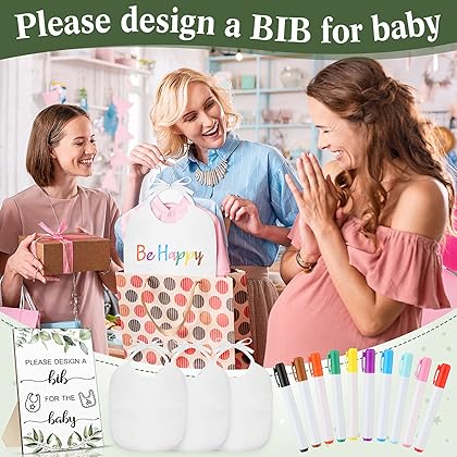 26 Pcs Baby Bibs and Game Set Baby Bib Design Baby Shower Game Sign 15 White Feeder Bibs 10 Fabric Markers for Gender Reveal