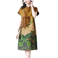 Vintage Women's Silk Satin Cheongsam Elegant High Neck Casual Comfortable Loose Mini Dress