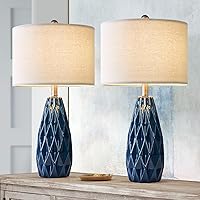 24.75 inch Modern Ceramic Table lamp Set of 2, Blue Embossed Geometric Pattern Bedside lamp Tall Nightstand Lamp End Table Lamps for Living Room Bedroom