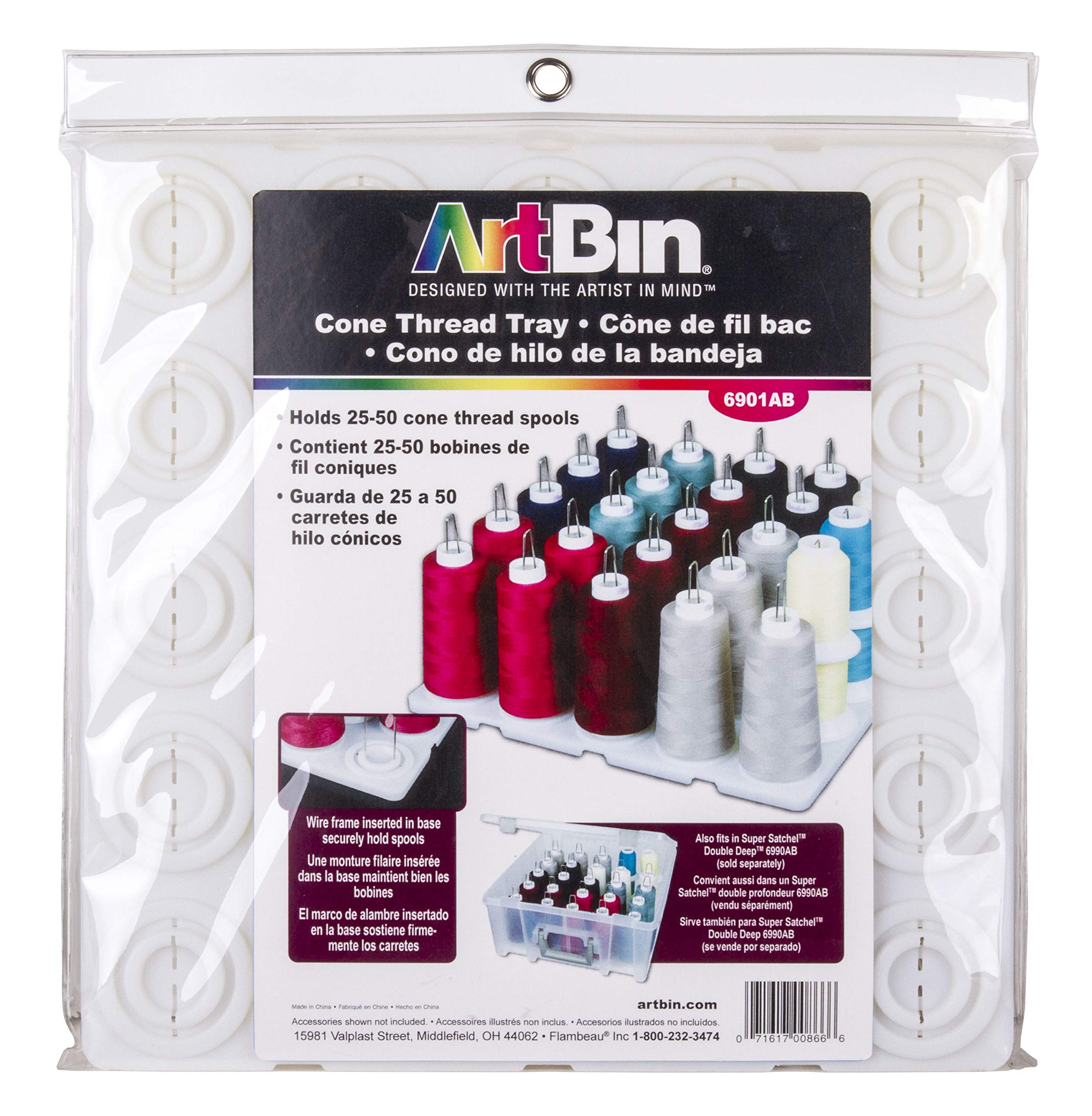 ArtBin 6901AB Cone Thread Tray, Sewing & Embroidery Serger Cone Thread Spool Assortment Organizer, Super Satchel System Accessory, Up To 25 Traditional Spools or Up To 50 Mini Spools, White