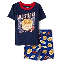 The Children's Place Boys Sleeve Top and Shorts Snug Fit 100% Cotton 2 Piece Pajama Set, Mad Pancake Stacks