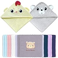 18-Piece Baby Hooded Bath Towel Rayon Derived from Bamboo and Microfiber Washcloth Sets for Infant, Toddler - Chicken, Bear