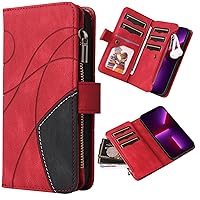 XYX Wallet Case for Samsung Galaxy A55 5G, Splicing PU Leather Flip Wallet Zipper Purse Case 9 Card Slots with Wrist Strap, Red