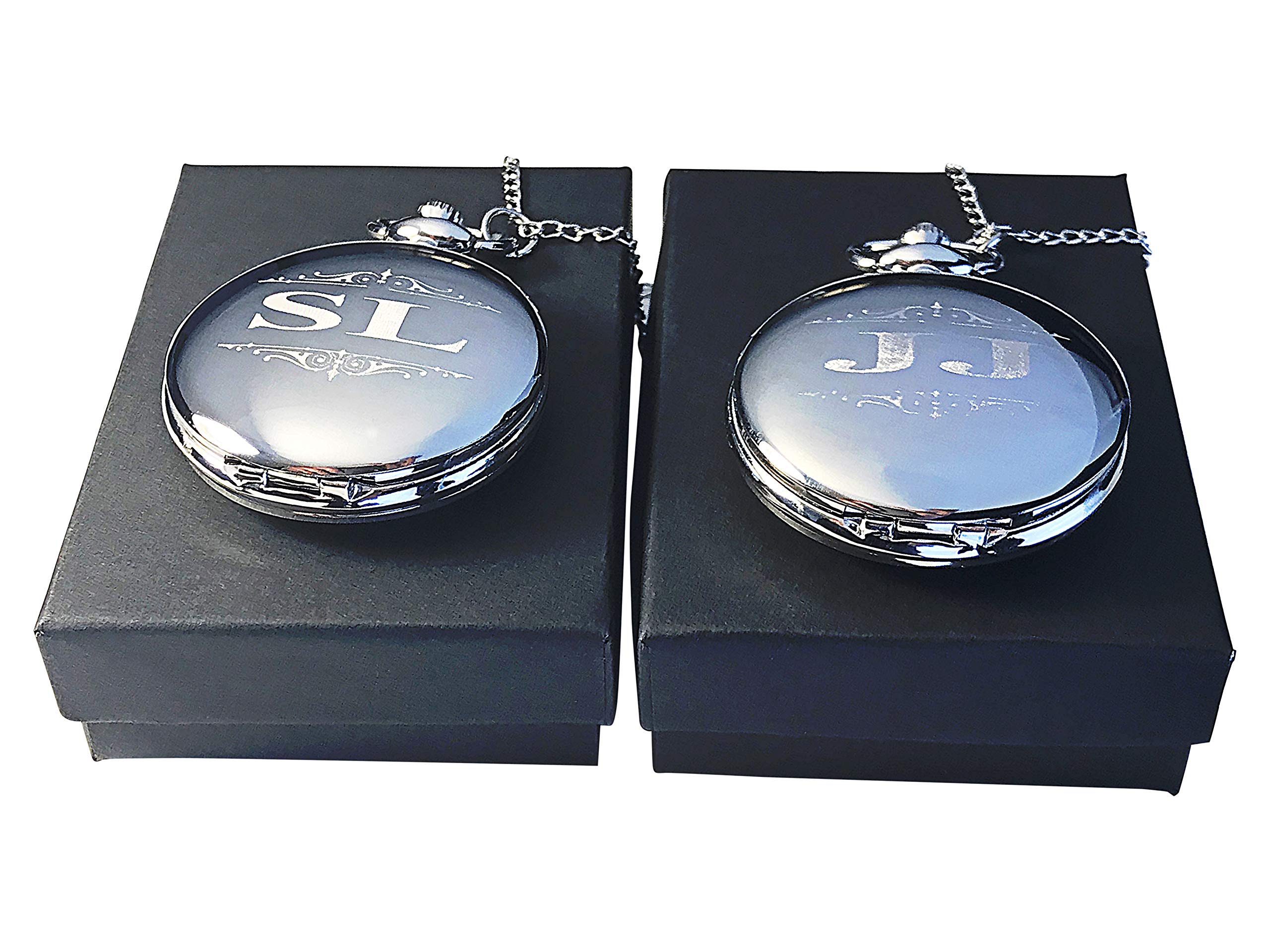 Engraved Pocket Watch - Wedding Groomsmen Personalized Unique Gifts - Chain, Box and Engraving Included, Comes in 4 Colors