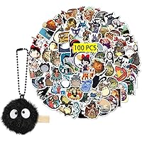 Cute Cartoon Anime Stickers 100Pcs（with Cute Soot Plush Keychain Decor）Gifts Anime Merch Party Supplies Accessories for Laptop Luggage Teens Kids