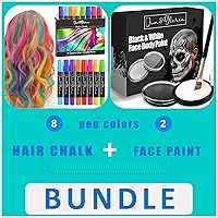 Jim&Gloria 8 Dustless Hair Chalk Temporary Hair Dye Color + Black and White Face Paint, Painting Brush, Glow Tattoos, Sweatproof & Water Resistance Paints