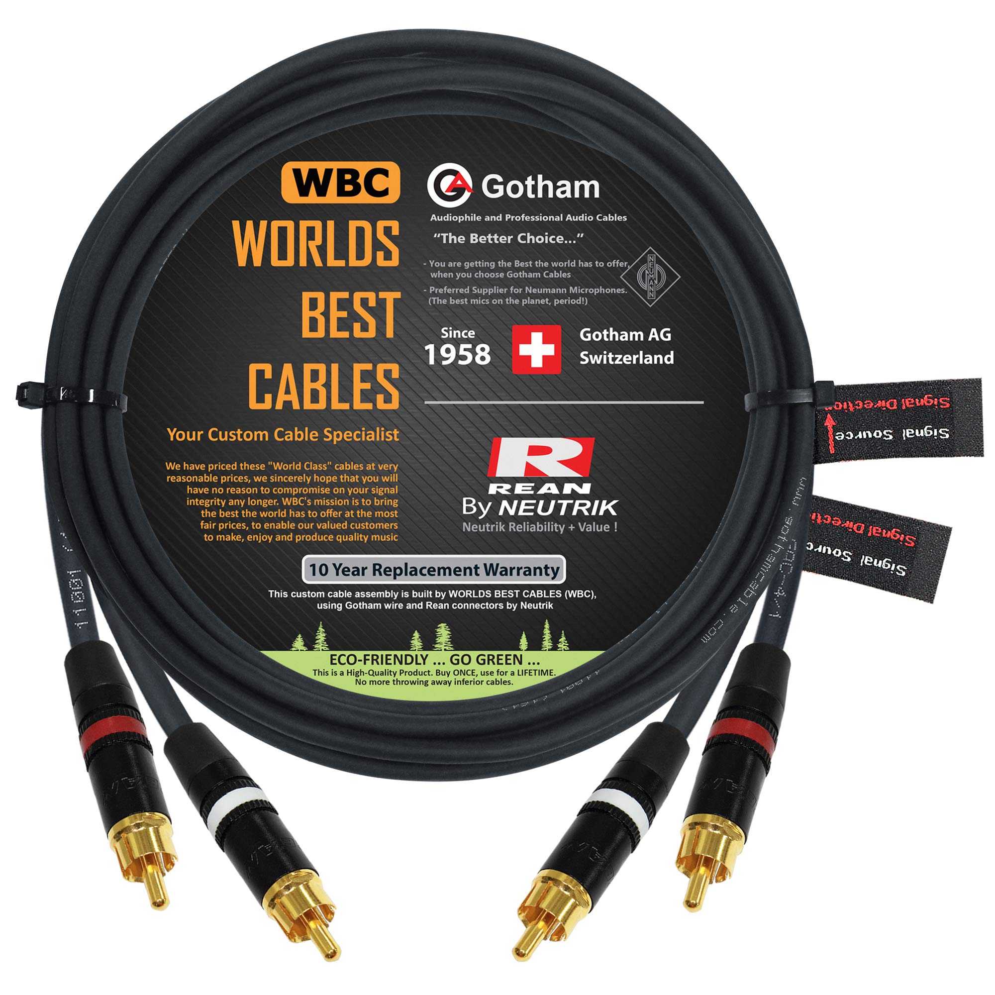 15 Foot RCA Cable Pair - Gotham GAC-4/1 (Black) Star-Quad Audio Interconnect Cable with Neutrik-Rean NYS Gold RCA Connectors - Directional