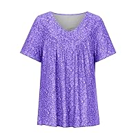 Women V Neck Summer Fashion Floral Print Shirts Short Sleeve Tunic Top Casual Flowy Pleated Shirt to Wear with Leggings