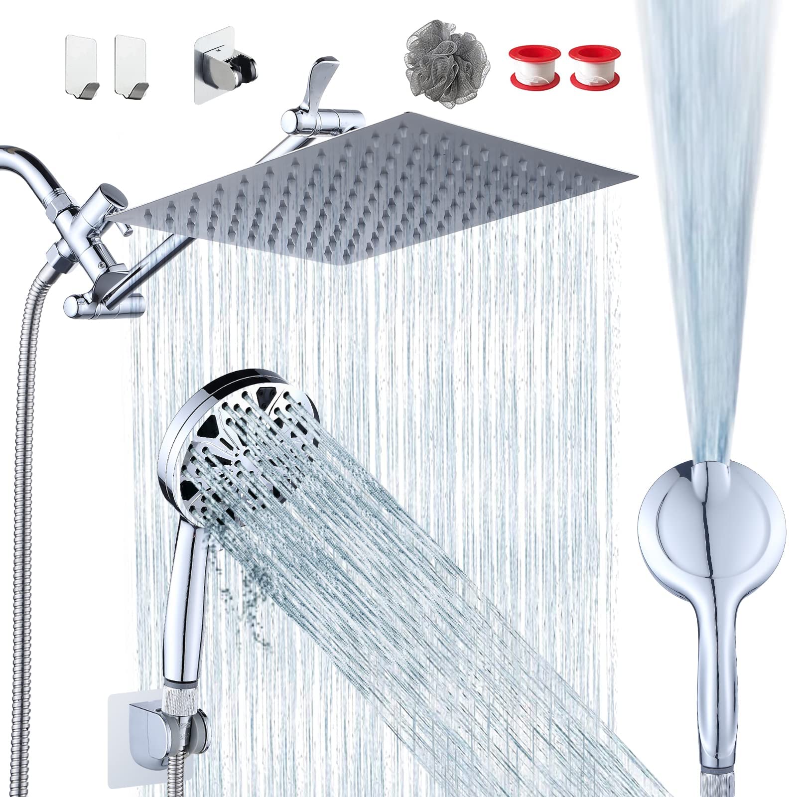 Razime 10''Rainfall Shower Head with Handheld Combo High Pressure 8+2 MODE built-in power wash, Stainless Steel Chrome Showerhead with 11'' Extension Arm Height/Angle Adjustable with Holder&60