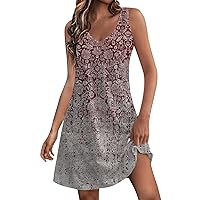 Sleeveless Father's Day Formals Tunic Dress Lady Elastic Waist Sexy Print Soft Womens Thin Slims V Neck Slip Red L