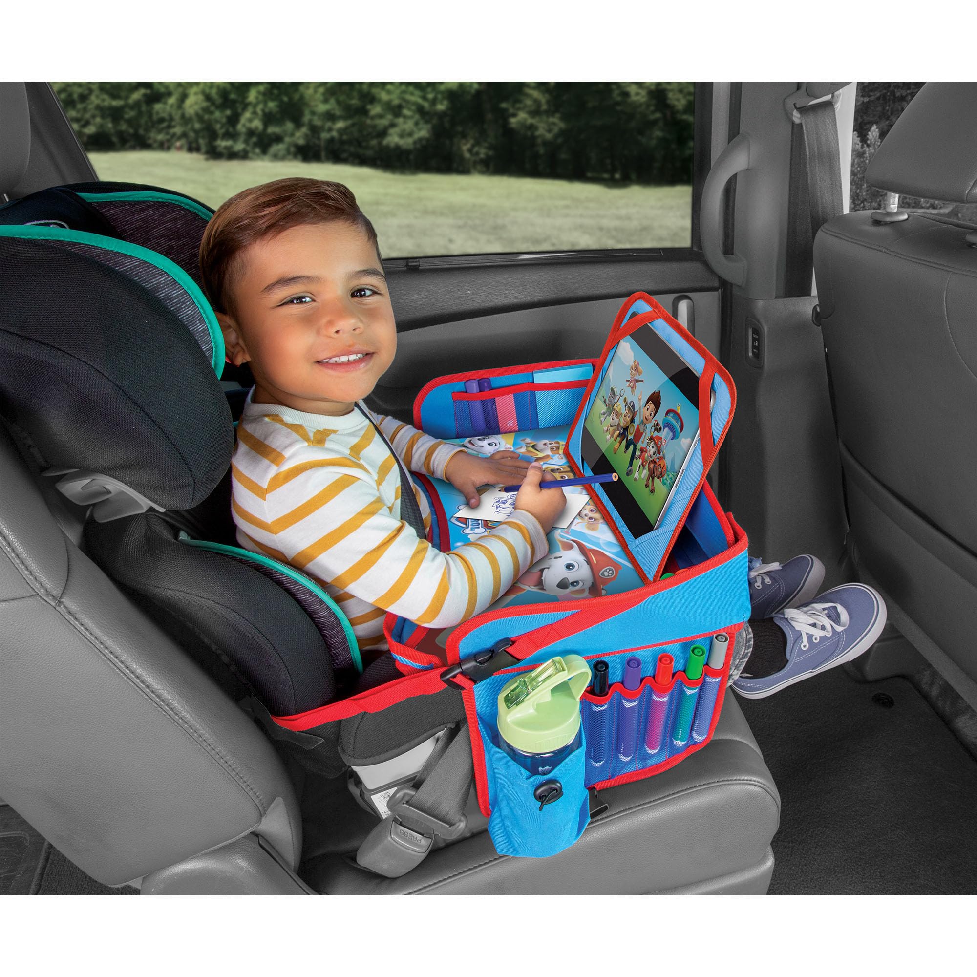 Paw Patrol Kids Travel Tray for Car, Toddler Car Seat Tray for Travel, Car Trays for Kids Road Trip Essentials & Activities with iPad and Water Bottle Holders