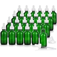 JUVITUS 2 oz / 60 ml Green Glass Boston Round White Dropper Bottle (24 Pack) + Funnel Refillable Empty Storage Containers