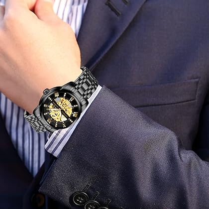A ALPS Mens Watch Skeleton Luxury Mechanical Stainless Steel Waterproof Black Automatic Self-Winding Roman Numerals Diamond Dial Wrist Watch