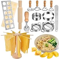 Ravioli Maker Press Cutter Set with 4 Shapes Ravioli Stamp Maker and Roller Wheel, 2 Sizes Stainless Steel Dumplings Maker and Large Wood Collapsible Pasta Drying Rack for Kitchen Restaurant