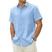 Mens Casual Button Down Linen Shirts Cuban Guayabera Short Sleeve Beach Shirts