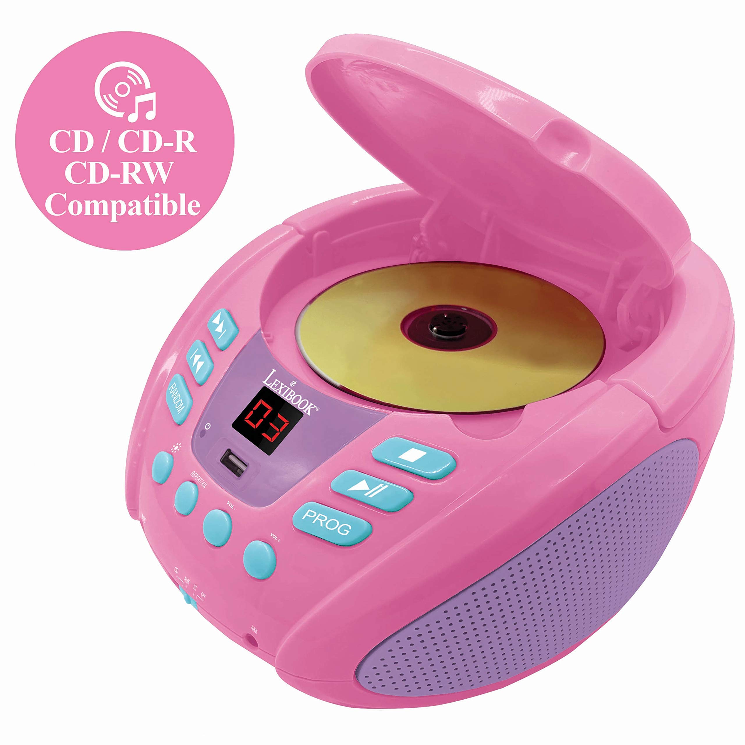 Lexibook Unicorn - Bluetooth CD Player for Kids – Portable, Multicoloured Light Effects, Microphone Jack, Aux-in Jack, AC or Battery-Operated, Girls, Boys, Pink, RCD109UNI