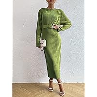 Dresses for Women - Drop Shoulder Plisse Belted Dress (Color : Olive Green, Size : Medium)
