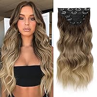 WECAN Clip in Hair Extension 20 Inch Ombre Blonde 6PCS Natural Long Wavy Curly Hairpieces for Women Thick Synthetic Fiber Double Weft Hair Full Head