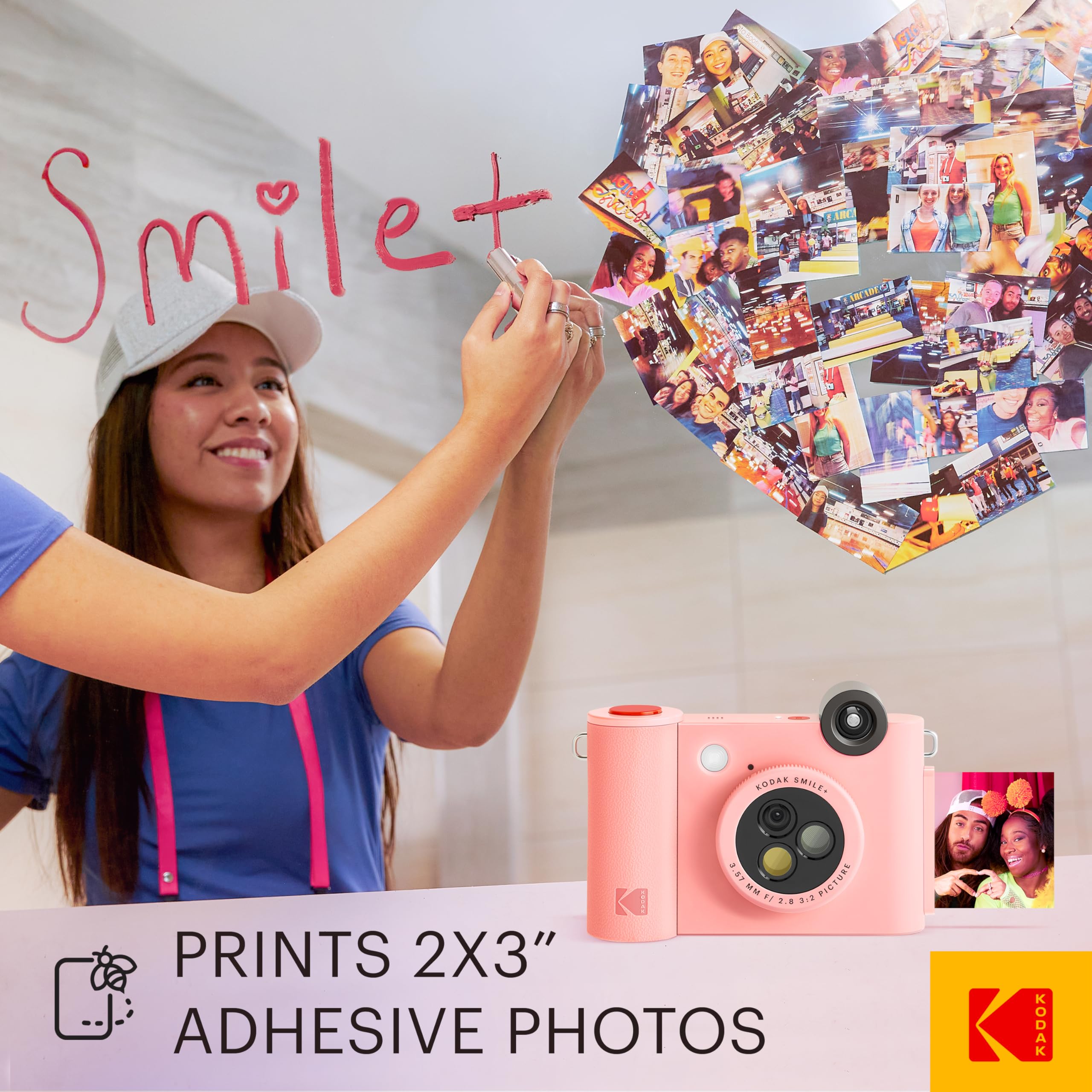 KODAK Smile+ Wireless Digital Instant Print Camera with Effect-Changing Lens, 2x3” Sticky-Backed Photo Prints, and Zink Printing Technology, Compatible with iOS and Android Devices - Pink