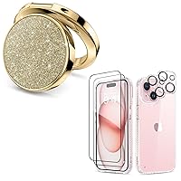 MIODIK Bundle - for iPhone 15 Plus Case Clear + Phone Ring Holder (Gold), with Screen Protector & Camera Lens Protector, Protective Shockproof for Women