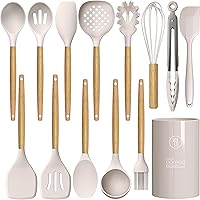 Silicone Cooking Utensils Set - 446°F Heat Resistant Silicone Kitchen Utensils for Cooking,Kitchen Utensil Spatula Set w Wooden Handles and Holder, BPA FREE Gadgets for Non-Stick Cookware (Khaki)