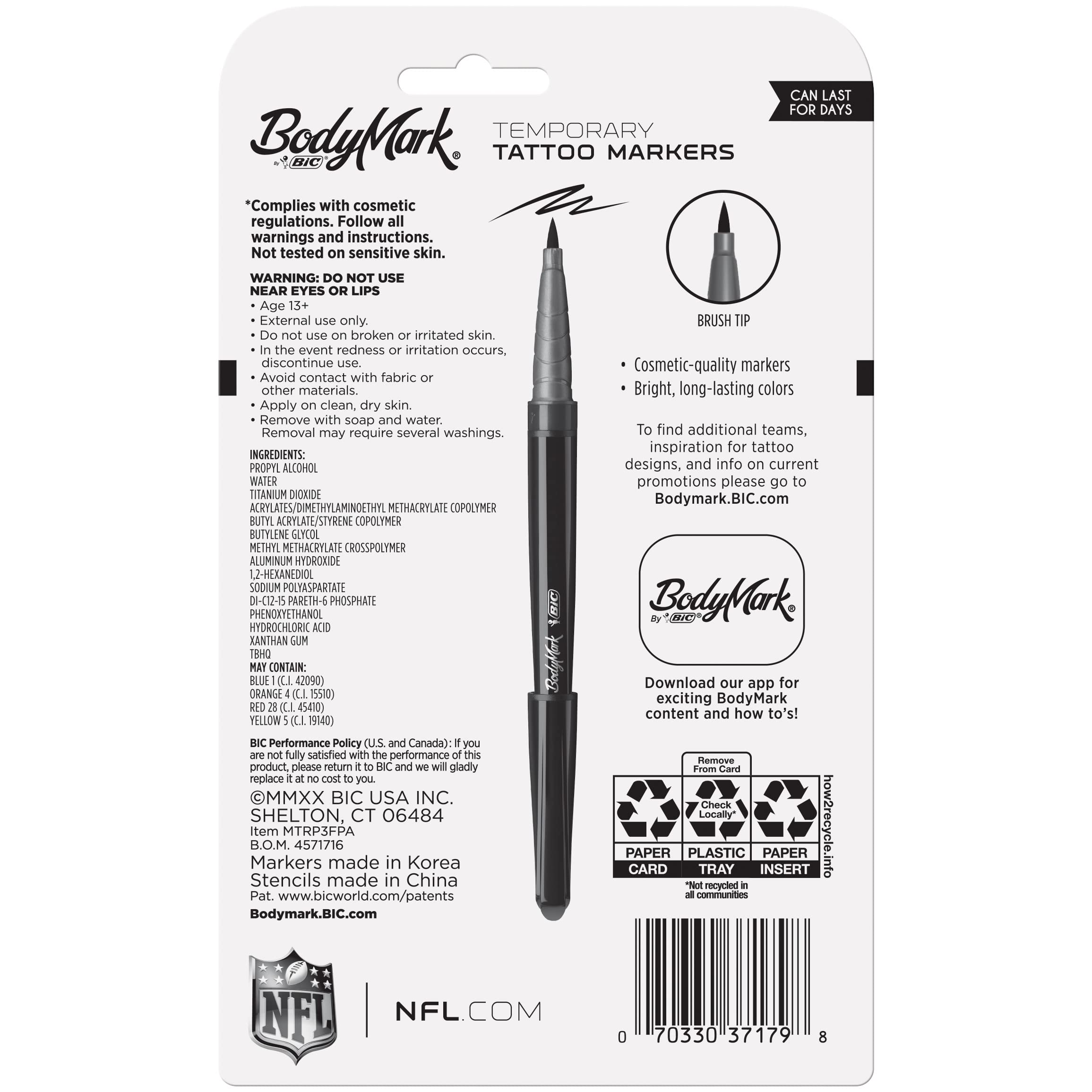 BodyMark by BIC, Temporary Tattoo Marker, NFL Series, San Francisco 49ers, Skin Safe, Brush Tip, Assorted Colors, 3-Pack with Stencils