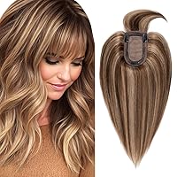 Hair Toppers for Women Real Human Hair, 150% Density Silk Base Clip in Hair Extensions, Short Hair Topper Hair Pieces for Women with Thining Hair, Cover Gray Hair, With Bangs 12 Inch #4P27
