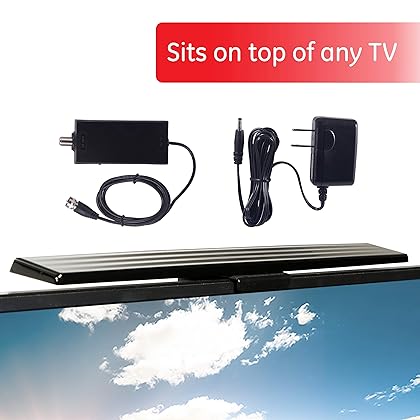 GE Amplified HD Digital TV Antenna, Long Range Smart TV Antenna, Easy Mount on Top of TV Design, Supports 4K 1080P HDTV VHF UHF, Indoor Amplified Signal Booster, 5ft Coax HDTV Cable/AC Adapter, 37075