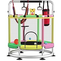 Trampoline for Kids, Update T-handrail Adjustable Baby Toddler Trampoline with Basketball Hoop, 440lbs Anti-Rollover Round Bottom Indoor Outdoor Toddler Trampoline with Enclosure