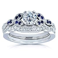 Kobelli Floral Round Moissanite Bridal Set and Sapphire 7/8 CTW 14k White (DEF/VS, GH/I, Blue)