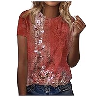 Retro Floral Print Shirts for Women Short Sleeve Crew Neck Pullover Summer Tops Blouse Fashion Loose Basic Tees Tops