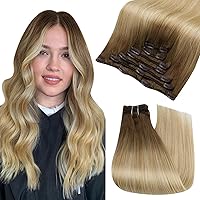 Fshine Clip in Real Human Hair Extensions Ombre 22 Inch 7pcs 120 Grams Chocolate Brown to Caramel Brown and Lightest Blonde Clip in Hair Extensions Remy Hair Long Straight Blonde Hair Extensions