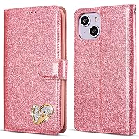 XYX Wallet Case for iPhone 15, Bling Glitter Shiny Love Diamond PU Leather Flip Case Women Girls for iPhone 15, Pink