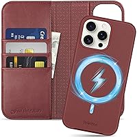 SHIELDON Case for iPhone 15 Pro Max 5G, Genuine Leather Detachable Wallet Kickstand RFID Blocking Card Holder Magnetic Shockproof Wireless Charging Case Compatible with iPhone 15 Pro Max - Wine Red