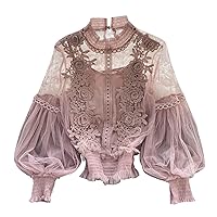 Sense of Design Three Flowers See Through Mesh Balloon Sleeve Slim Crop Top Women's Lace Base Slimming Tops for
