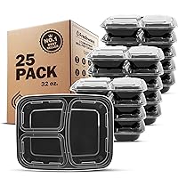 Meal Prep Containers [25 Pack] 3 Compartment with Lids, Food Storage Containers, Bento Box, Stackable, Microwave/Dishwasher Safe (32 oz)
