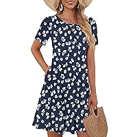WNEEDU Summer Dresses for Women Short Sleeve Casual T Shirt Swing Loose Sundress with Pockets Floral Navy XL