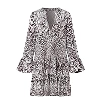 CSBY Women's Fashion Leopard Print V-Neck Plus Size Loose Long Sleeve Dresses