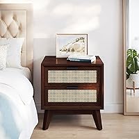 Bme Jasper Deluxe Solid Wood Rattan Nightstand Fully Assembled-Mid Century Modern Side Table with 2 Drawers-Multipurpose use for Living Room, Bedroom-Walnut