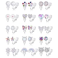 Tornito 10-15 Pairs Clip on Stud Earrings Non Pierced Teardrop Round Square CZ Pearl Twist Knot Flower Butterfly Heart Star Rainbow Cat Opal Clip on Earrings for Women Silver Gold Tone
