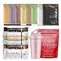 Truvani Discovery Set - Includes Organic Protein Powder 8 Flavor Sample Pack, Plant-Based Snack Bars 6 Flavor Sample Pack, Collagen Peptides & Pink Shaker Cup